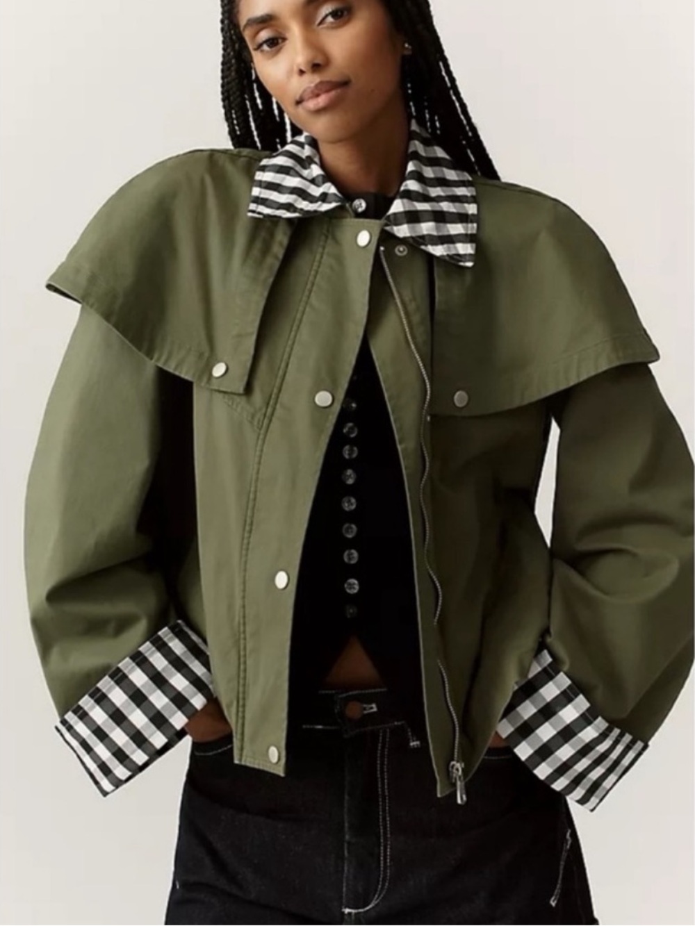 Avec Les Filles Gingham Trim Cape Trench Jacket Olive S NWT